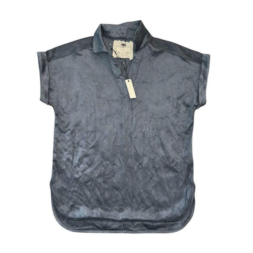 NWT CUPIO English Navy Velvet Rolled Sleeve V-Neck Blouse Size S